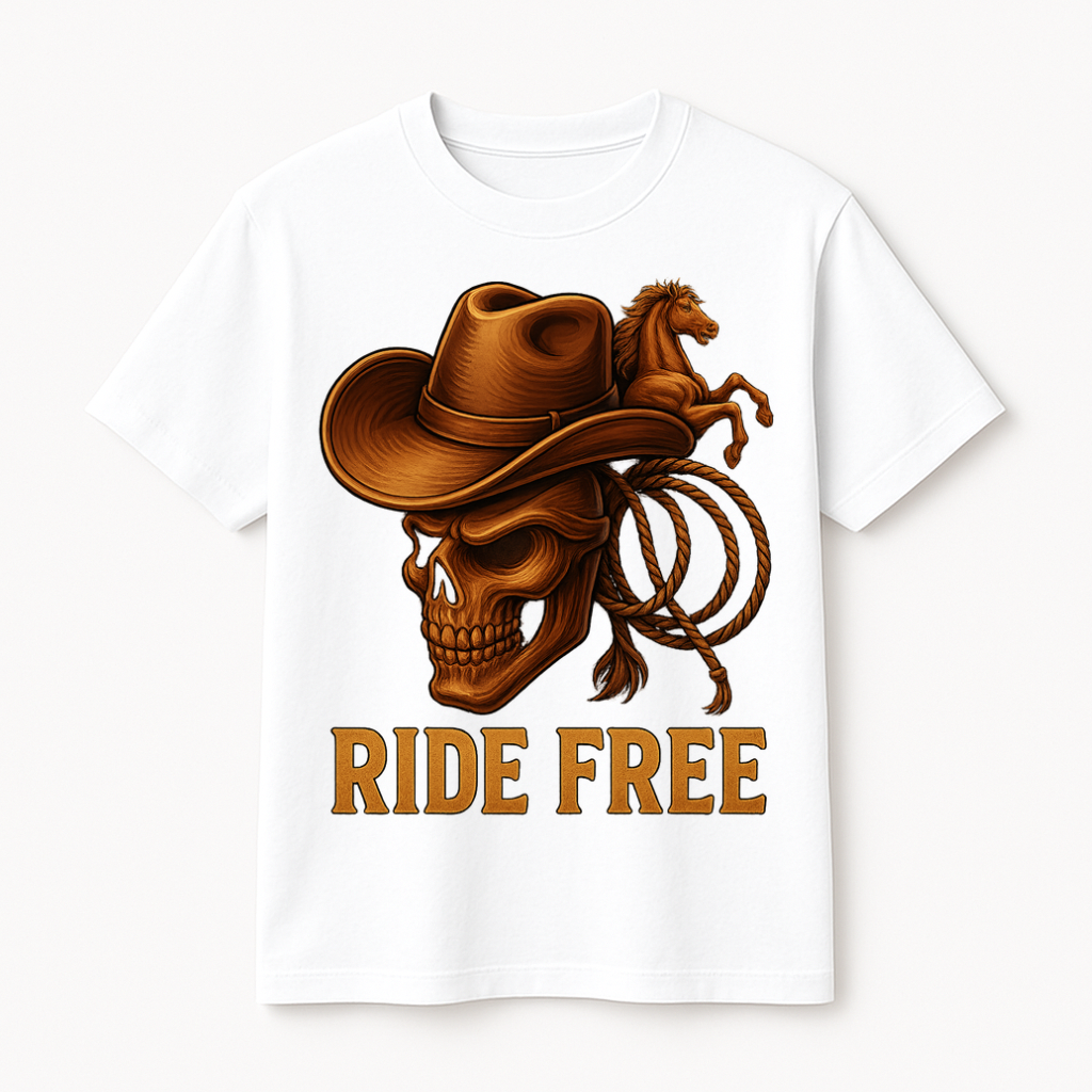 AINVIE™ Ride Free – Cowboy Skull Graphic T-Shirt (Unisex, 100% Cotton)
