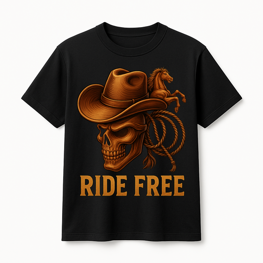 AINVIE™ Ride Free – Cowboy Skull Graphic T-Shirt (Unisex, 100% Cotton)